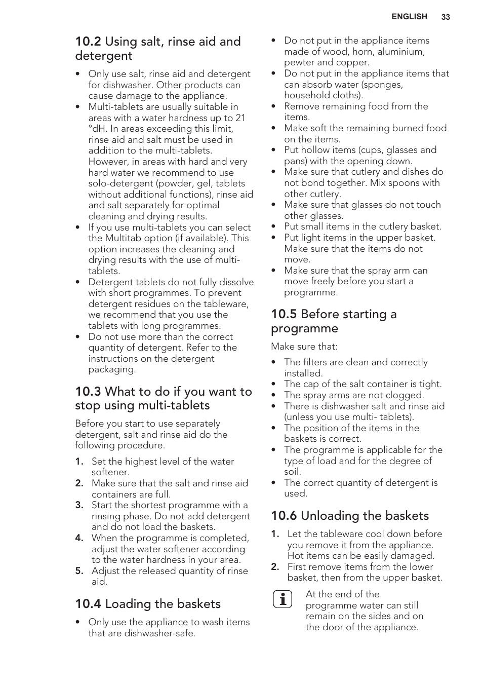 2 using salt, rinse aid and detergent, 4 loading the baskets, 5 before starting a programme | 6 unloading the baskets | AEG F55402IM0P User Manual | Page 33 / 76