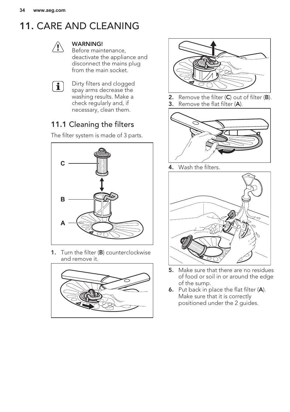 Care and cleaning, 1 cleaning the filters | AEG F55402IM0P User Manual | Page 34 / 76