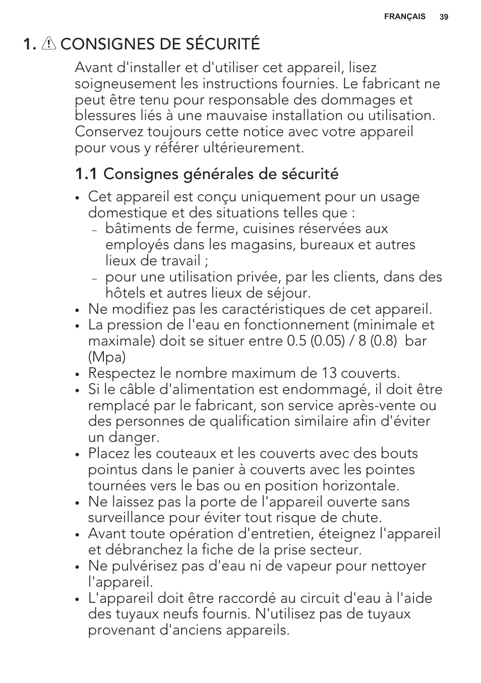 Consignes de sécurité, 1 consignes générales de sécurité | AEG F55402IM0P User Manual | Page 39 / 76