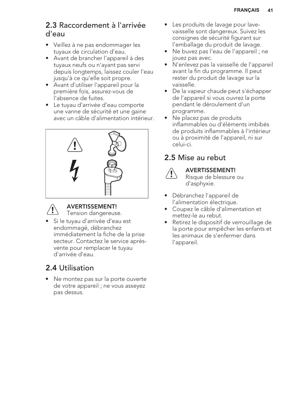 3 raccordement à l'arrivée d'eau, 4 utilisation, 5 mise au rebut | AEG F55402IM0P User Manual | Page 41 / 76