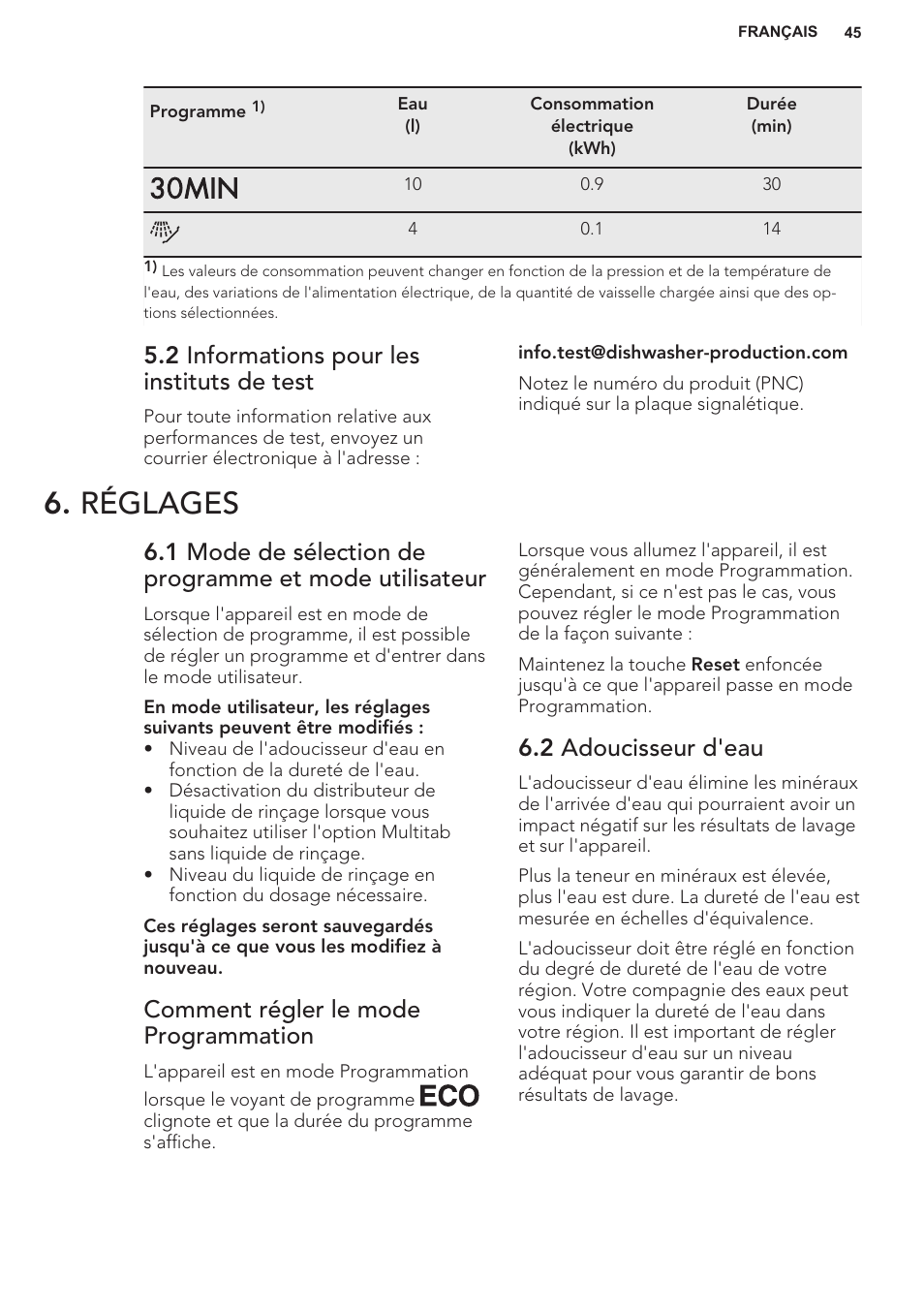 2 informations pour les instituts de test, Réglages, Comment régler le mode programmation | 2 adoucisseur d'eau | AEG F55402IM0P User Manual | Page 45 / 76