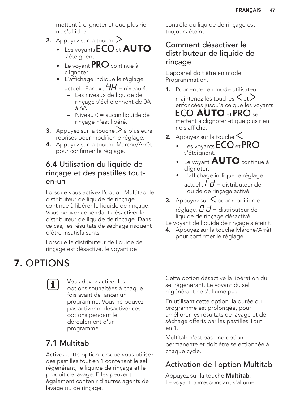 Options, 1 multitab, Activation de l'option multitab | AEG F55402IM0P User Manual | Page 47 / 76