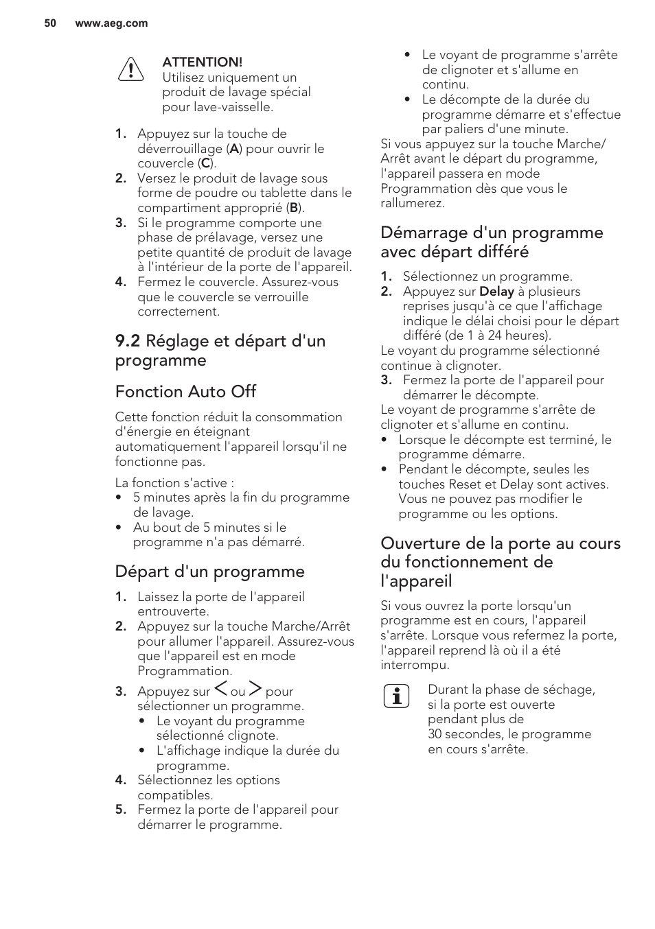 2 réglage et départ d'un programme, Fonction auto off, Départ d'un programme | Démarrage d'un programme avec départ différé | AEG F55402IM0P User Manual | Page 50 / 76