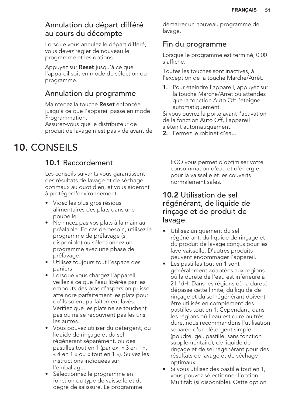 Annulation du départ différé au cours du décompte, Annulation du programme, Fin du programme | Conseils, 1 raccordement | AEG F55402IM0P User Manual | Page 51 / 76