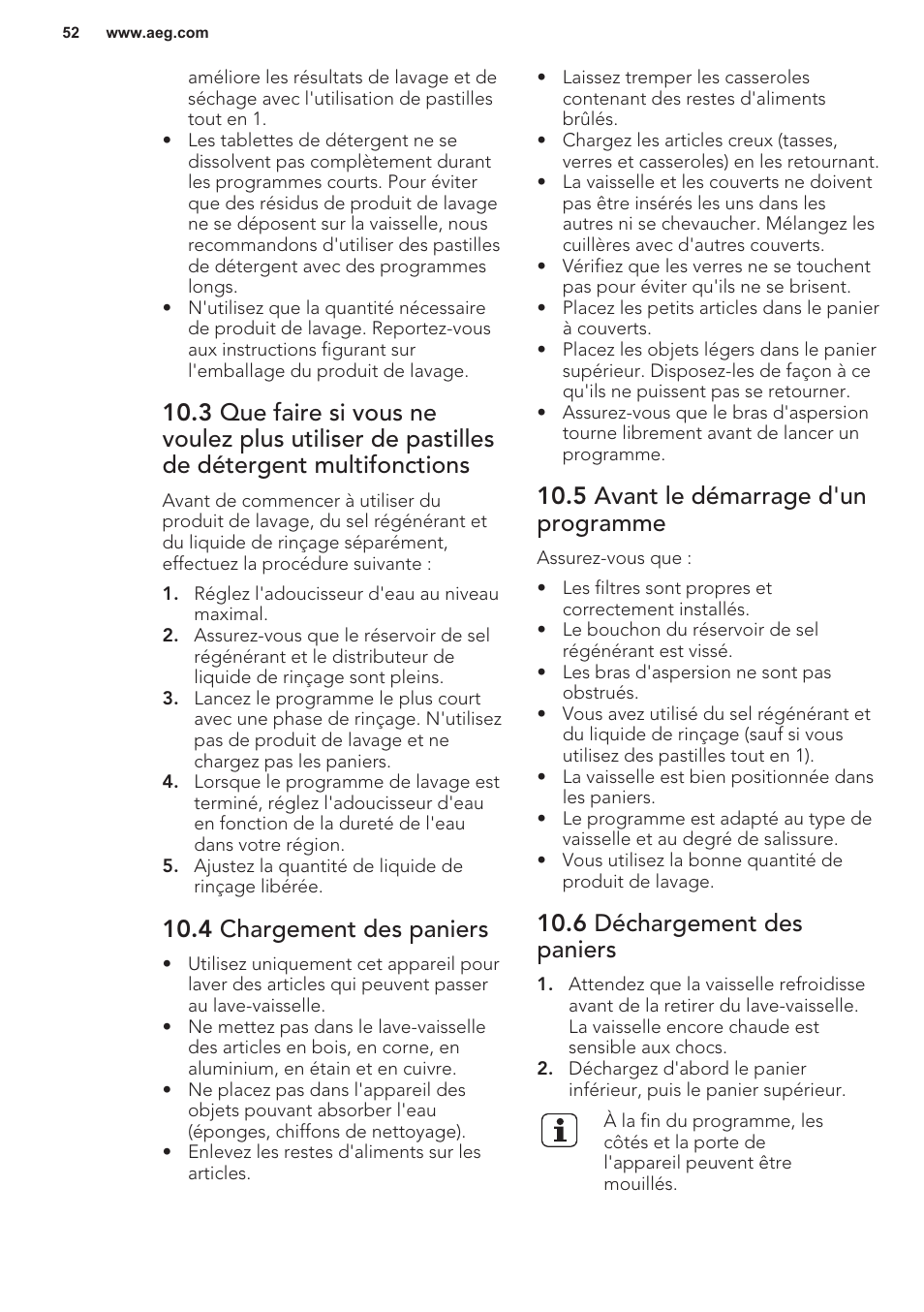 4 chargement des paniers, 5 avant le démarrage d'un programme, 6 déchargement des paniers | AEG F55402IM0P User Manual | Page 52 / 76