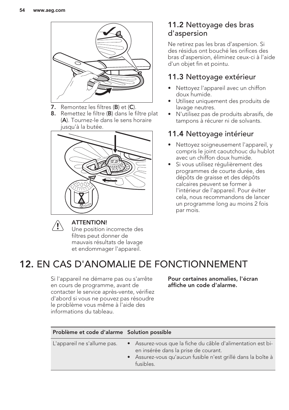 2 nettoyage des bras d'aspersion, 3 nettoyage extérieur, 4 nettoyage intérieur | En cas d'anomalie de fonctionnement | AEG F55402IM0P User Manual | Page 54 / 76