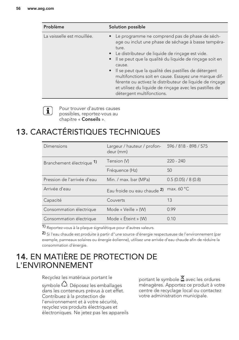 Caractéristiques techniques, En matière de protection de l'environnement | AEG F55402IM0P User Manual | Page 56 / 76