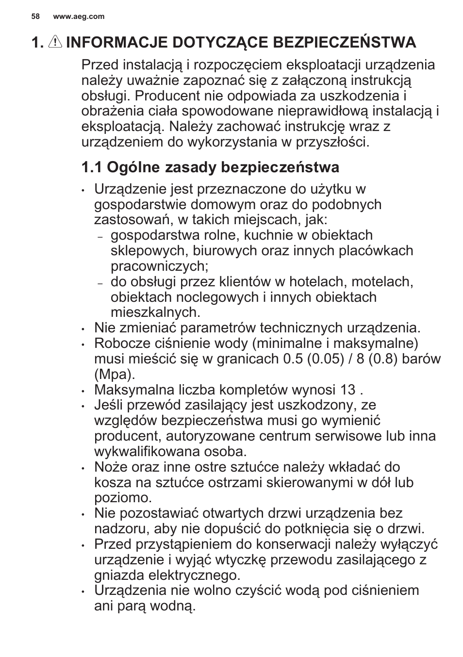 Informacje dotyczące bezpieczeństwa, 1 ogólne zasady bezpieczeństwa | AEG F55402IM0P User Manual | Page 58 / 76