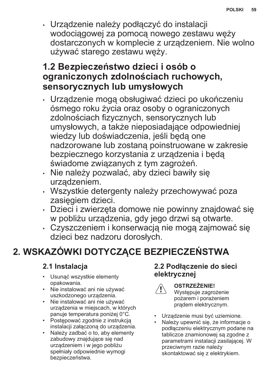 Wskazówki dotyczące bezpieczeństwa, 1 instalacja, 2 podłączenie do sieci elektrycznej | AEG F55402IM0P User Manual | Page 59 / 76