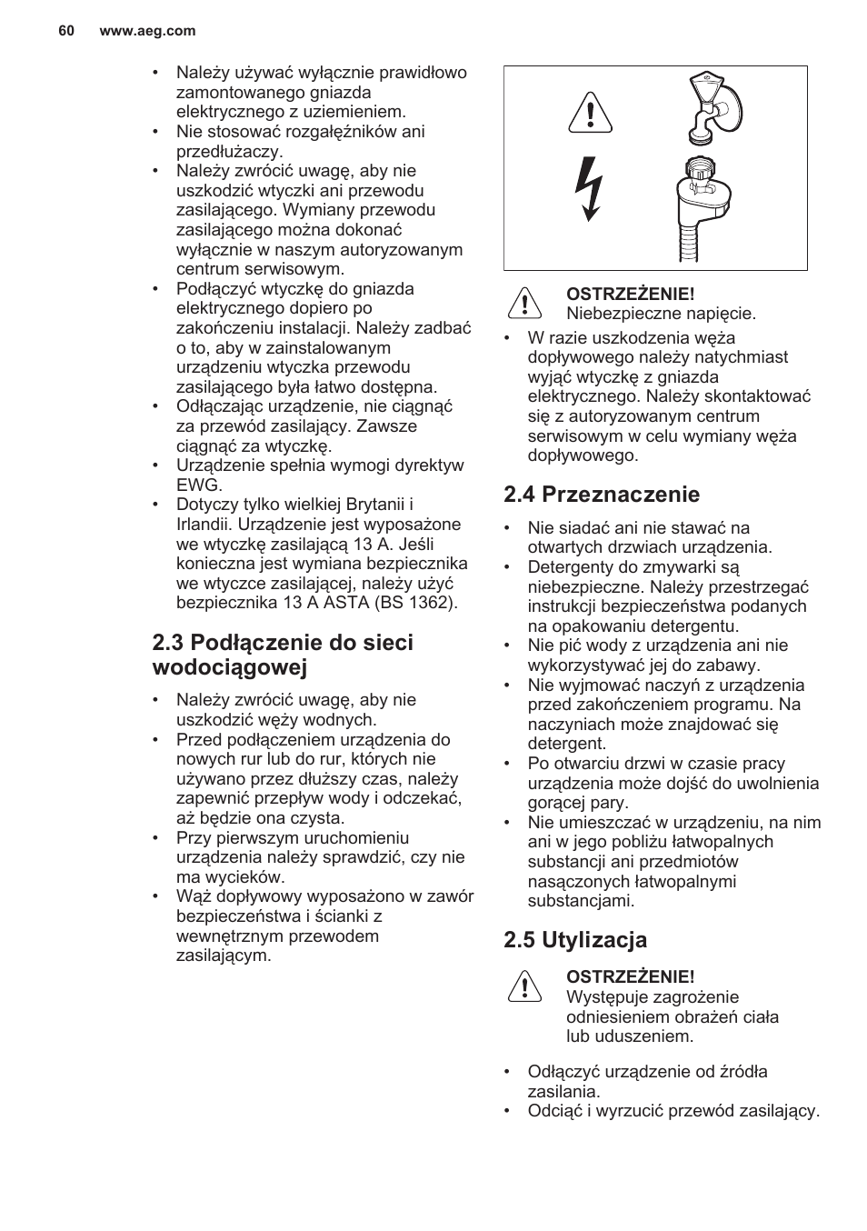 3 podłączenie do sieci wodociągowej, 4 przeznaczenie, 5 utylizacja | AEG F55402IM0P User Manual | Page 60 / 76