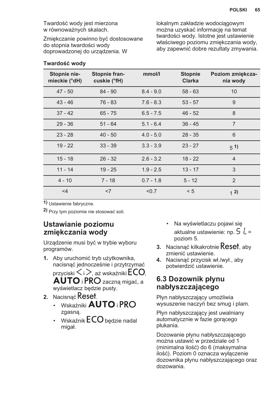 Ustawianie poziomu zmiękczania wody, 3 dozownik płynu nabłyszczającego | AEG F55402IM0P User Manual | Page 65 / 76