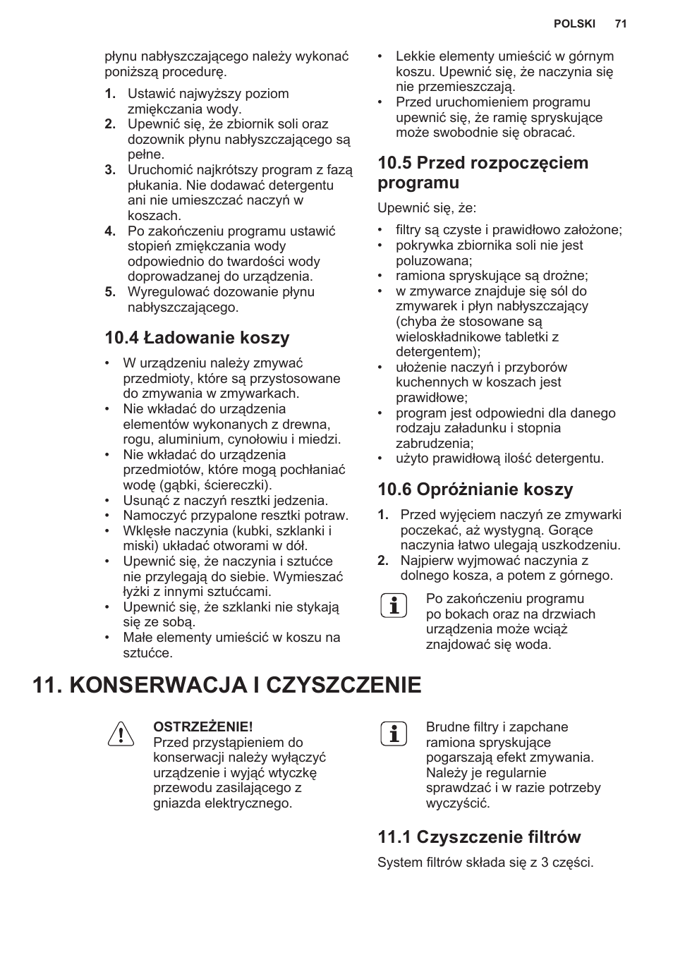 4 ładowanie koszy, 5 przed rozpoczęciem programu, 6 opróżnianie koszy | Konserwacja i czyszczenie, 1 czyszczenie filtrów | AEG F55402IM0P User Manual | Page 71 / 76