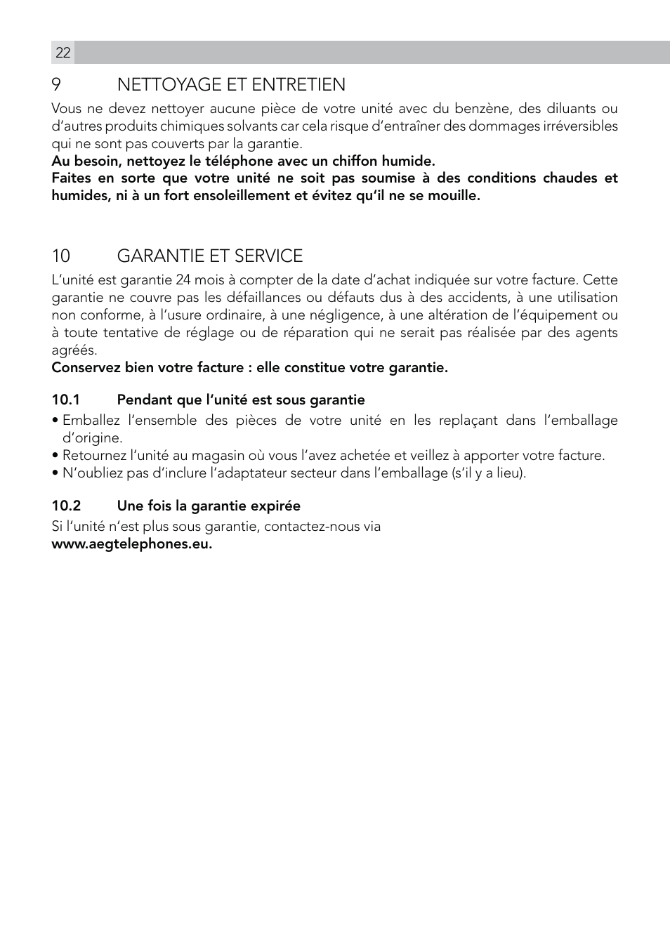 9nettoyage et entretien, 10 garantie et service | AEG Voxtel R100 User Manual | Page 22 / 64