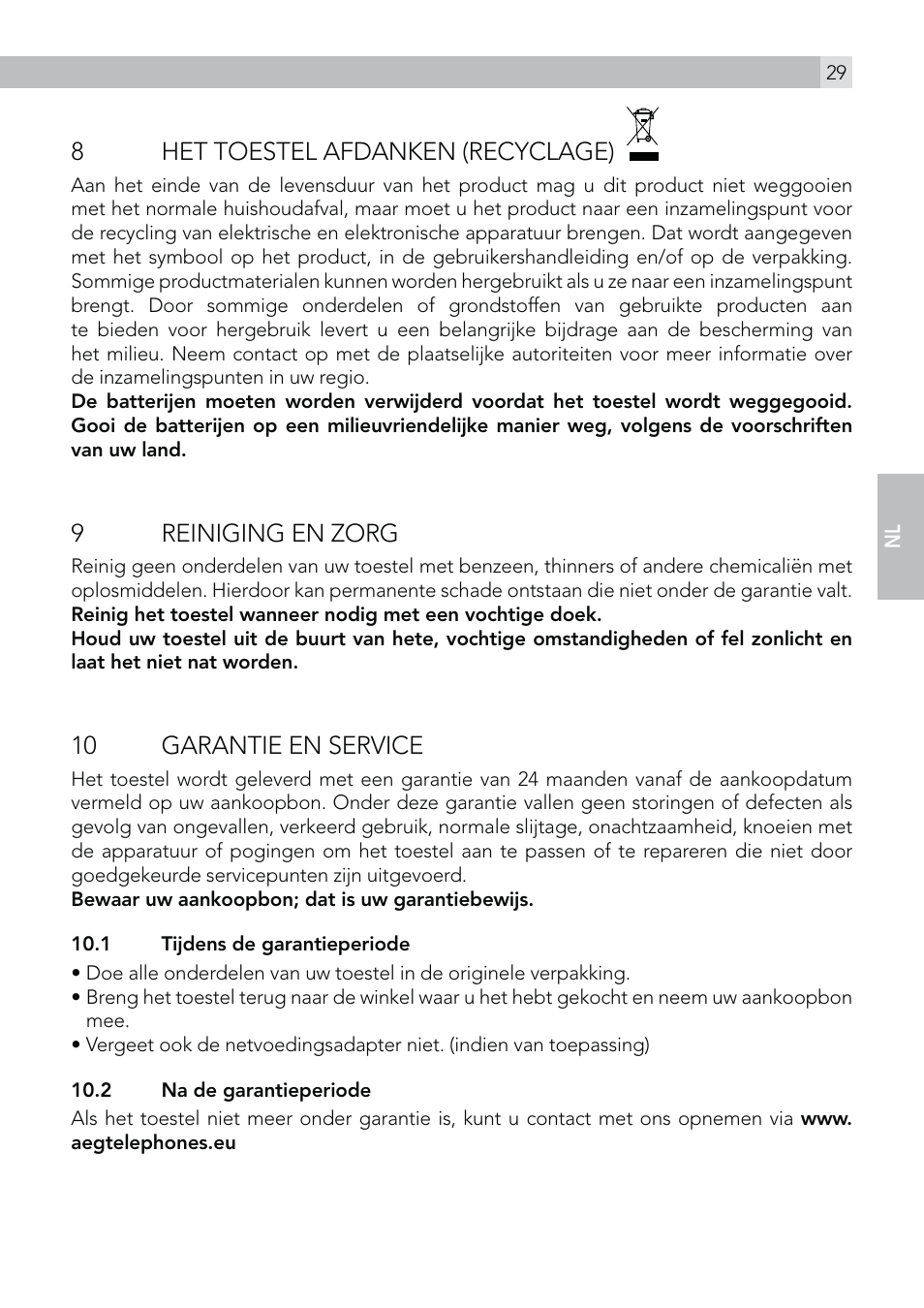 8het toestel afdanken (recyclage), 9reiniging en zorg, 10 garantie en service | AEG Voxtel R100 User Manual | Page 29 / 64