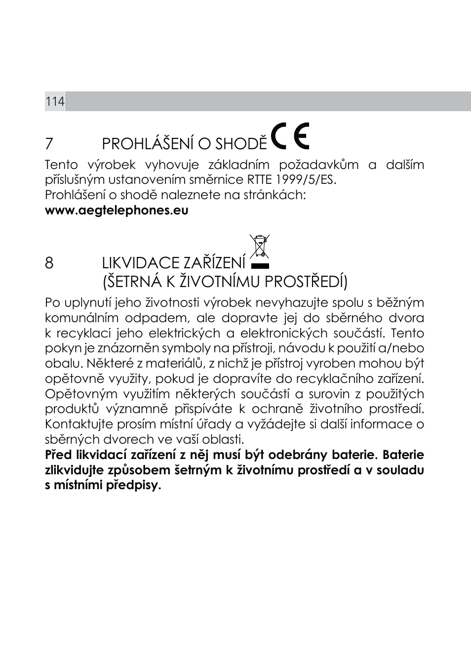 7 pro+léäenì o s+odď, Lik9idace zaġìzenì äetrné k æi9otnìmu prostġedì | AEG Voxtel R110 User Manual | Page 114 / 116
