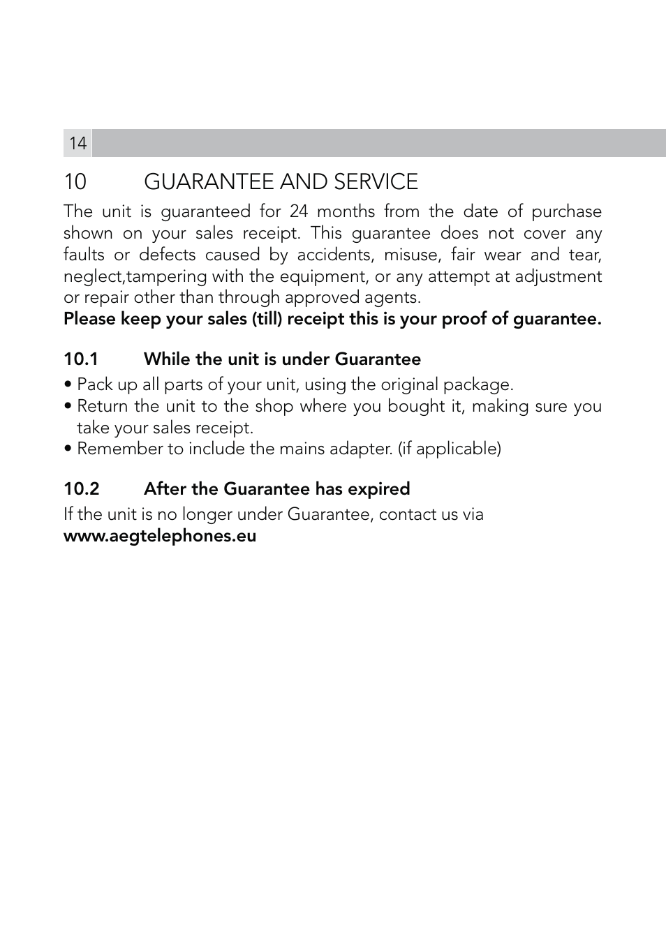 10 guarantee and service | AEG Voxtel R110 User Manual | Page 14 / 116