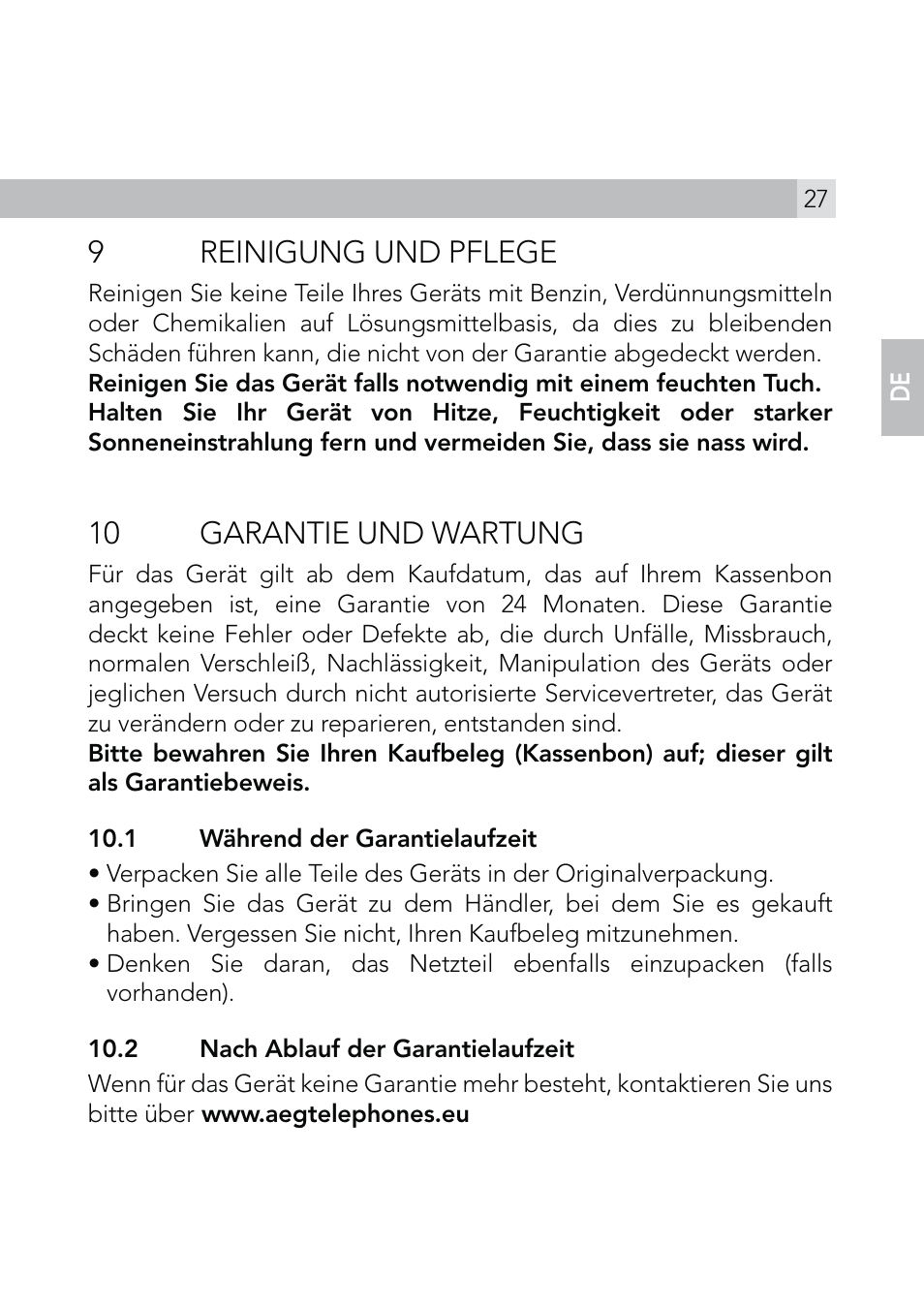 9reinigung und pflege, 10 garantie und wartung | AEG Voxtel R110 User Manual | Page 27 / 116