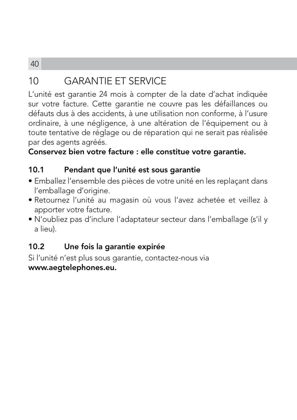 10 garantie et service | AEG Voxtel R110 User Manual | Page 40 / 116