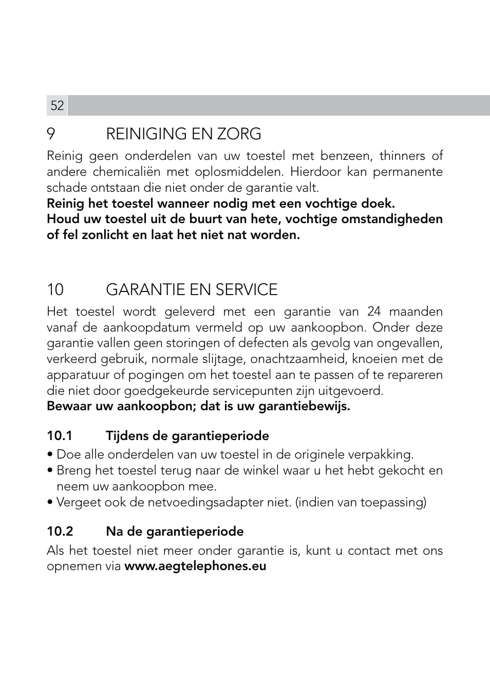 9reiniging en zorg, 10 garantie en service | AEG Voxtel R110 User Manual | Page 52 / 116