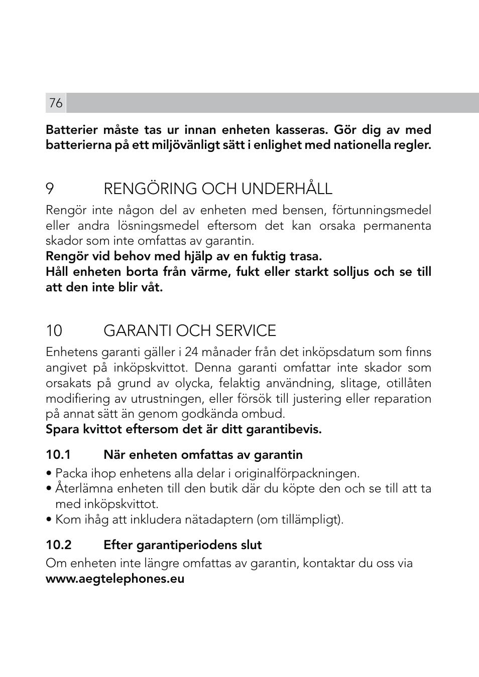 9rengöring och underhåll, 10 garanti och service | AEG Voxtel R110 User Manual | Page 76 / 116