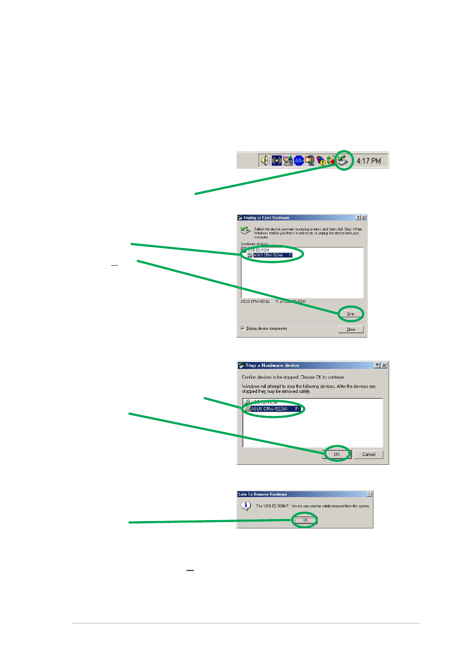 Properly unplugging crw-5224a-u device | Asus External CD-RW CRW-5224A-U User Manual | Page 21 / 26