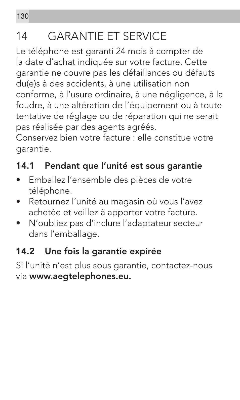 14 garantie et service | AEG Voxtel M320 User Manual | Page 130 / 224
