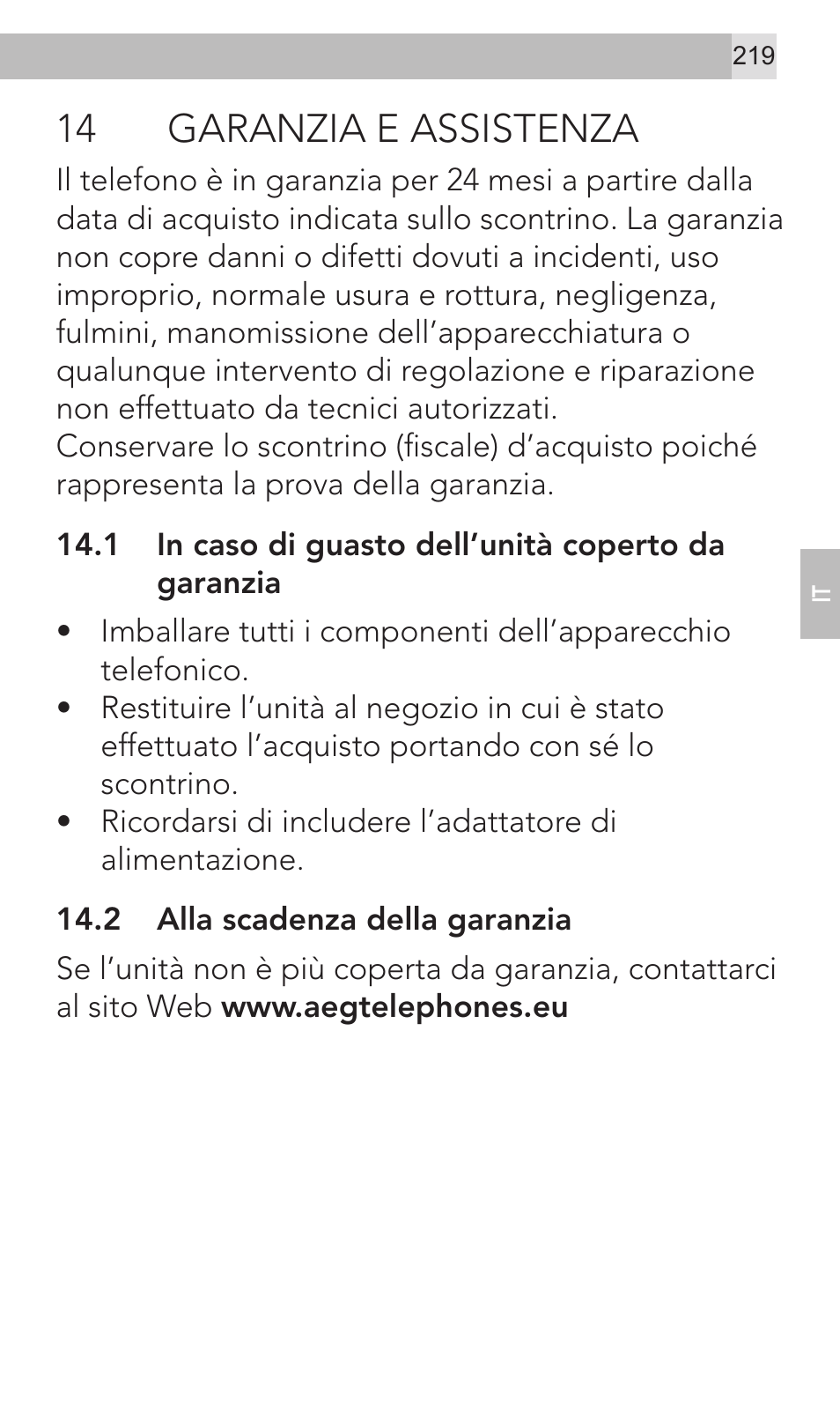 14 garanzia e assistenza | AEG Voxtel M320 User Manual | Page 219 / 224