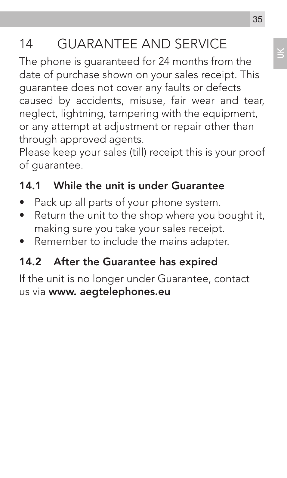 14 guarantee and service | AEG Voxtel M320 User Manual | Page 35 / 224