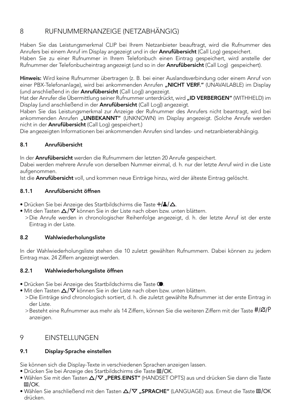 8 rufnummernanzeige (netzabhängig), 9 einstellungen | AEG Eclipse 15 User Manual | Page 22 / 144