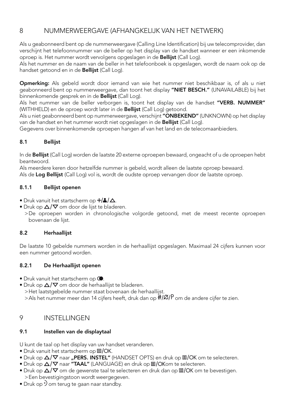 8nummerweergave (afhangkelijk van het netwerk), 9 instellingen | AEG Eclipse 15 User Manual | Page 48 / 144
