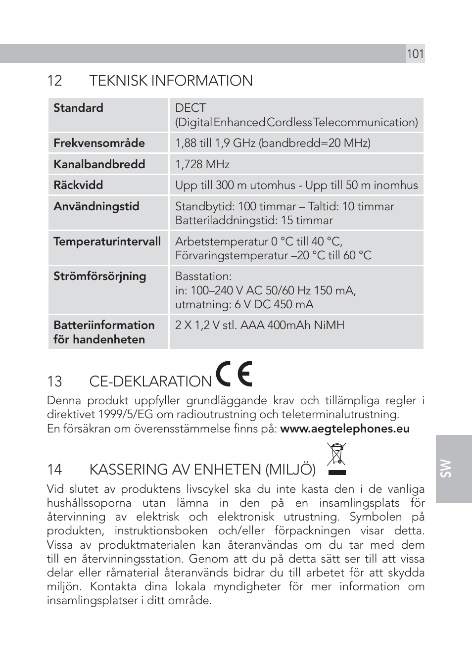 12 teknisk information, 13 ce-deklaration, 14 kassering av enheten (miljö) | AEG Voxtel S100 User Manual | Page 101 / 198
