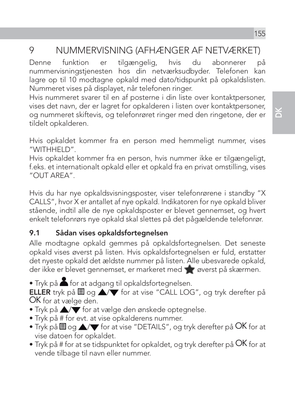 9nummervisning (afhænger af netværket), En dk | AEG Voxtel S100 User Manual | Page 155 / 198