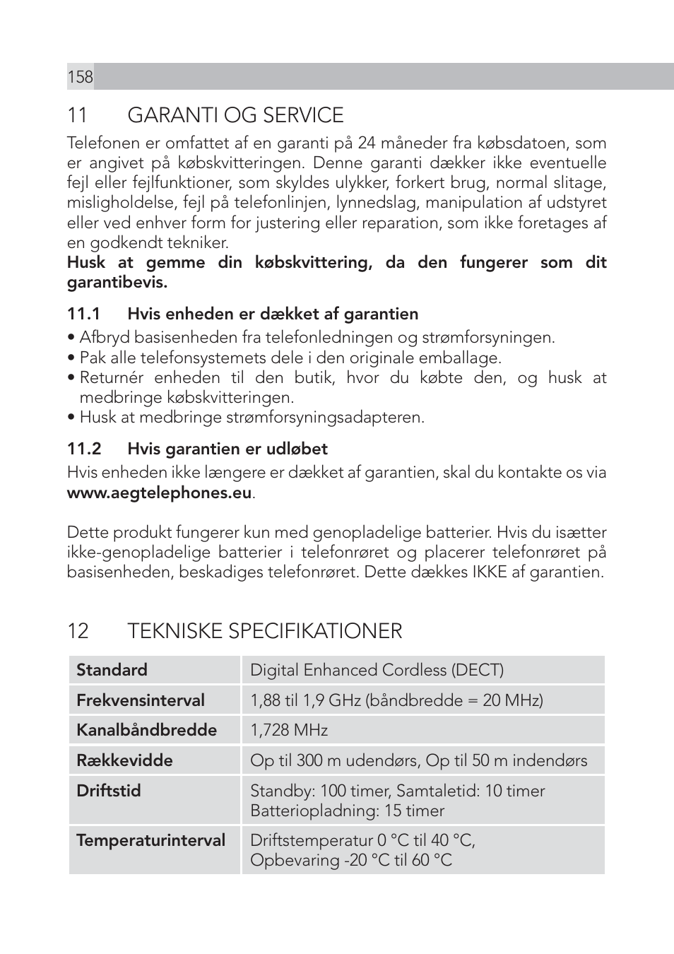 11 garanti og service, 12 tekniske specifikationer | AEG Voxtel S100 User Manual | Page 158 / 198