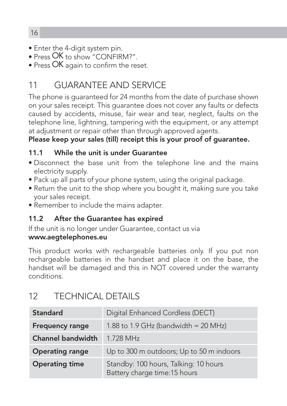 11 guarantee and service, 12 technical details | AEG Voxtel S100 User Manual | Page 16 / 198