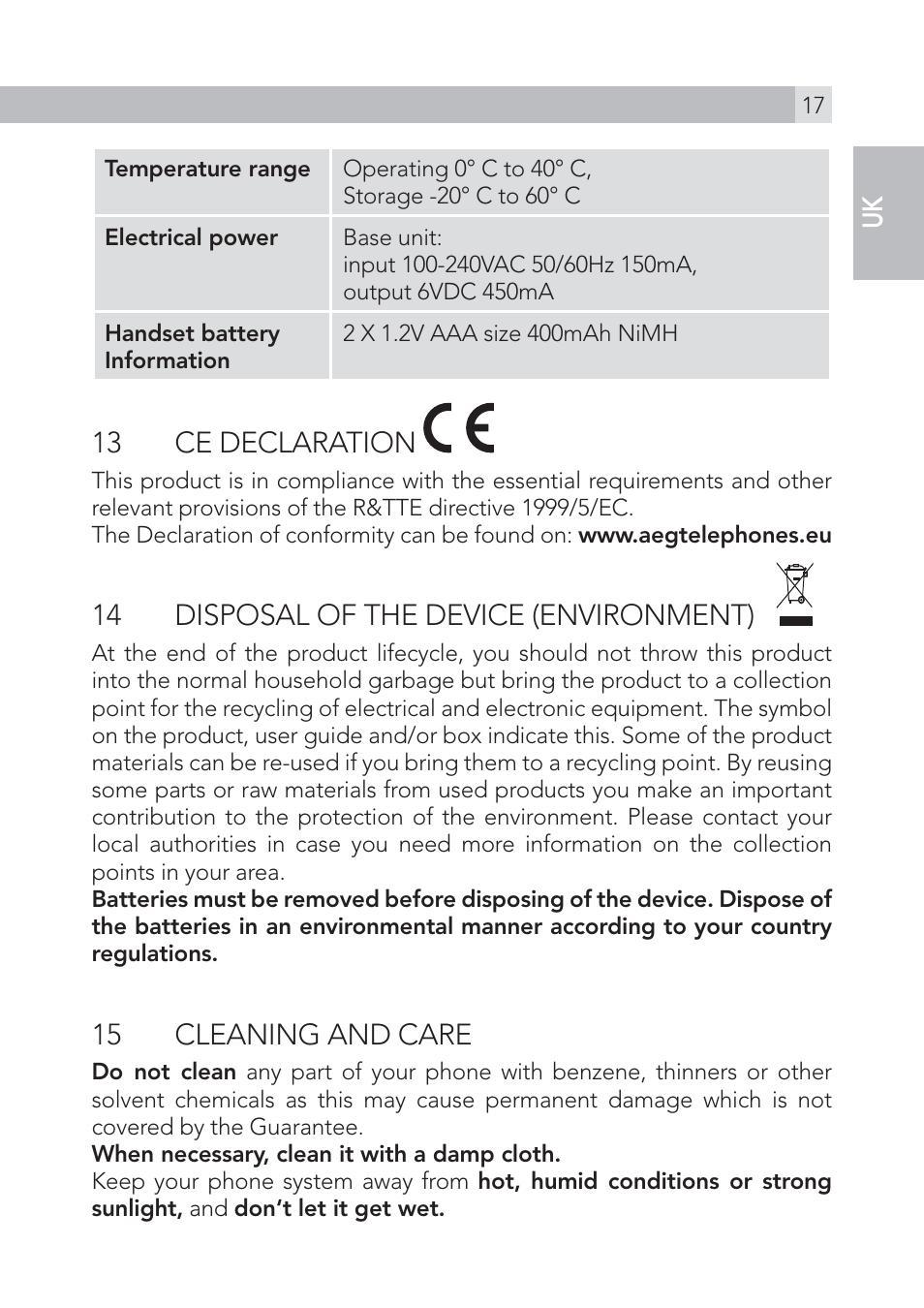 13 ce declaration, 14 disposal of the device (environment), 15 cleaning and care | AEG Voxtel S100 User Manual | Page 17 / 198