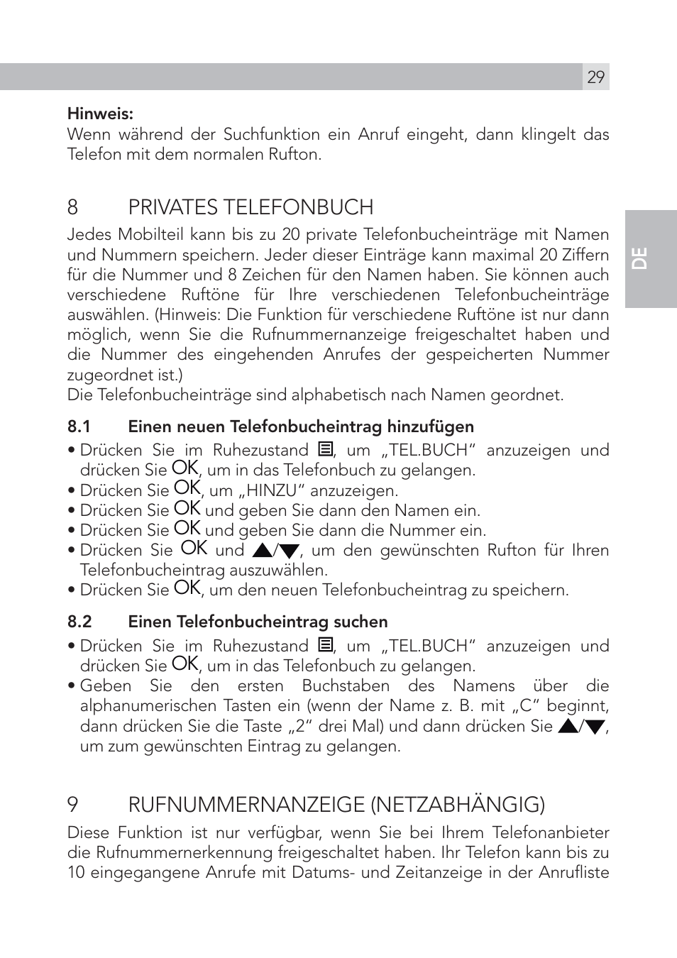 8 privates telefonbuch, 9 rufnummernanzeige (netzabhängig), En de | AEG Voxtel S100 User Manual | Page 29 / 198