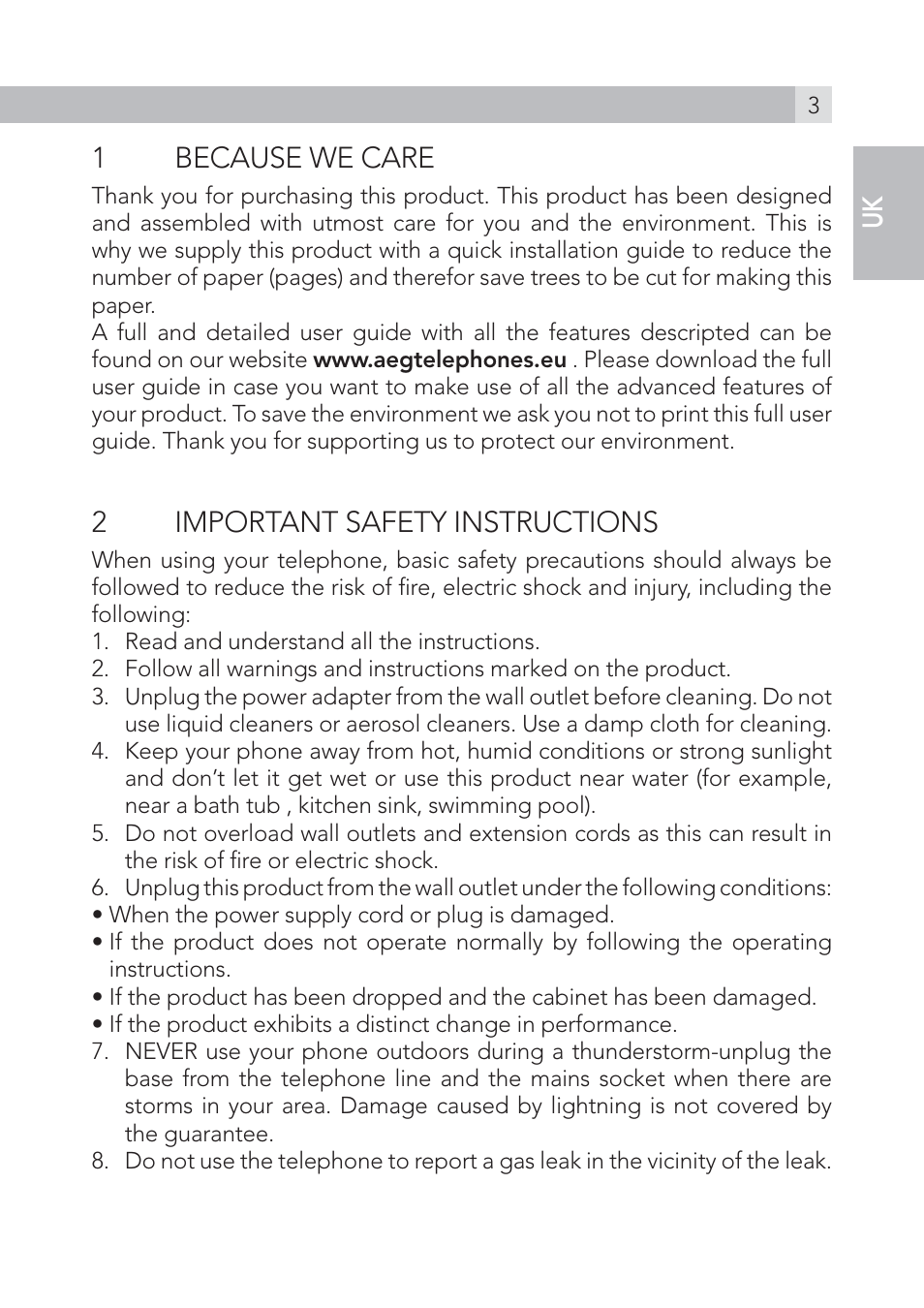 1because we care, 2important safety instructions | AEG Voxtel S100 User Manual | Page 3 / 198
