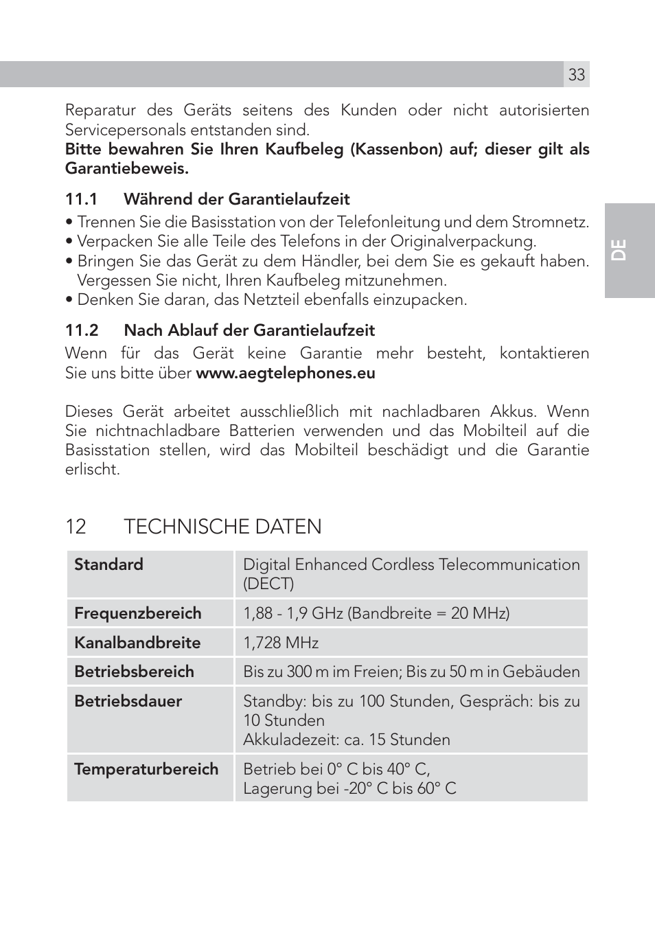 12 technische daten, En de | AEG Voxtel S100 User Manual | Page 33 / 198
