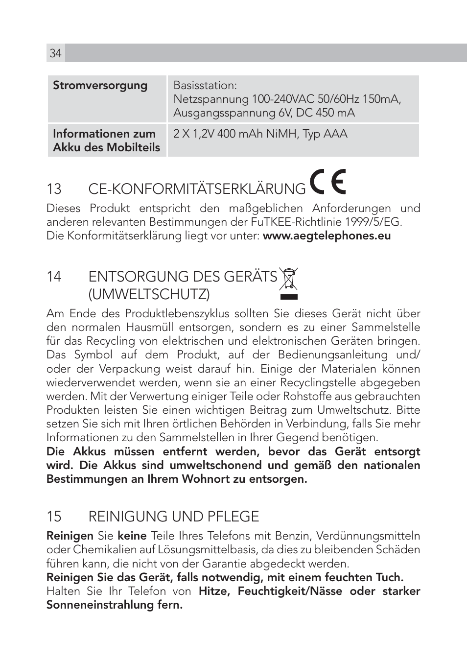 13 ce-konformitätserklärung, 14 entsorgung des geräts (umweltschutz), 15 reinigung und pflege | AEG Voxtel S100 User Manual | Page 34 / 198