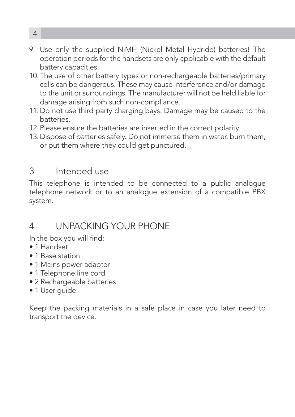 3 intended use, 4unpacking your phone | AEG Voxtel S100 User Manual | Page 4 / 198