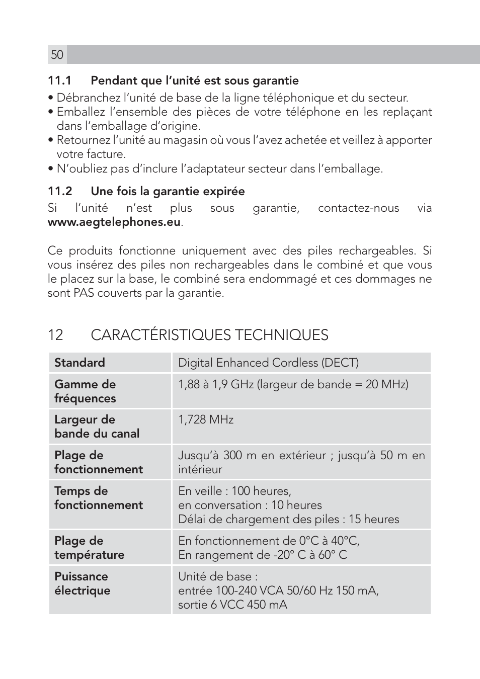 12 caractéristiques techniques | AEG Voxtel S100 User Manual | Page 50 / 198