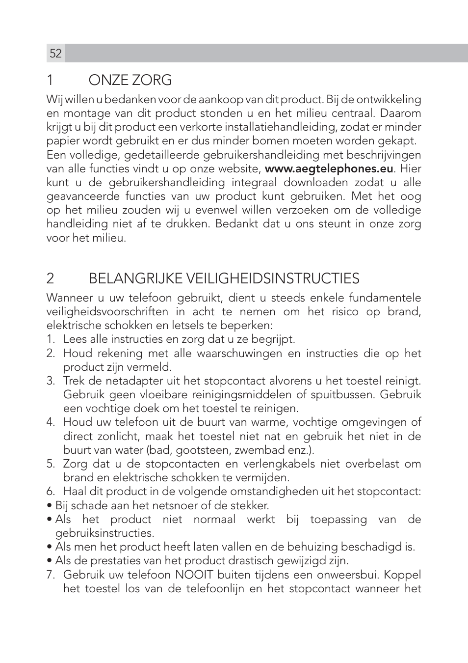 1 onze zorg, 2 belangrijke veiligheidsinstructies | AEG Voxtel S100 User Manual | Page 52 / 198