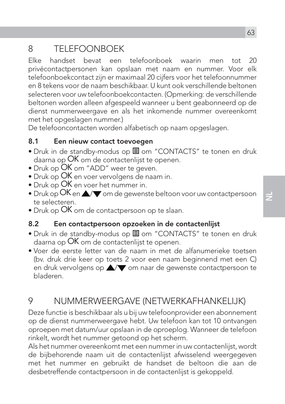 8 telefoonboek, 9 nummerweergave (netwerkafhankelijk) | AEG Voxtel S100 User Manual | Page 63 / 198