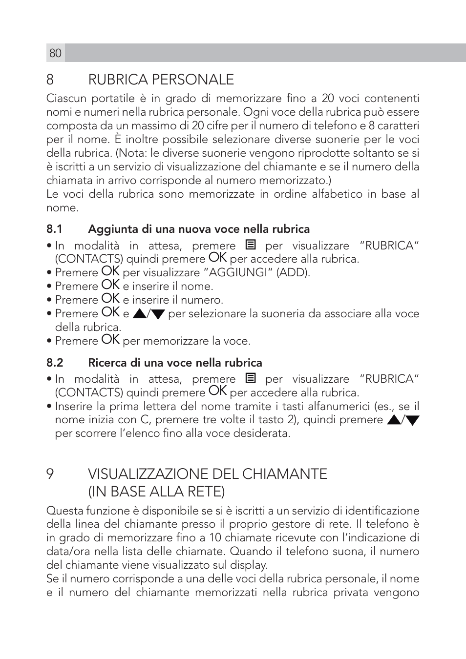 8 rubrica personale, 9visualizzazione del chiamante (in base alla rete) | AEG Voxtel S100 User Manual | Page 80 / 198