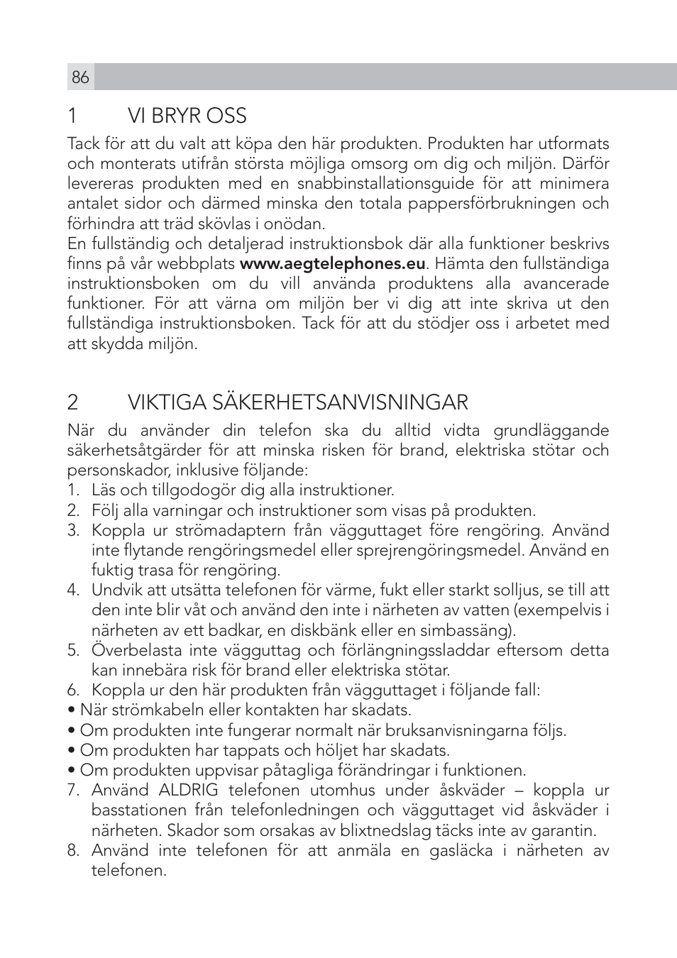 1vi bryr oss, 2 viktiga säkerhetsanvisningar | AEG Voxtel S100 User Manual | Page 86 / 198