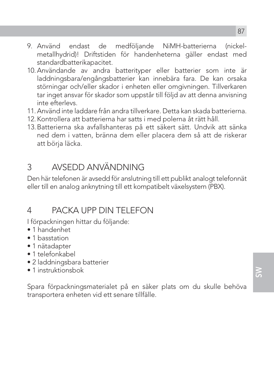 3 avsedd användning, 4packa upp din telefon | AEG Voxtel S100 User Manual | Page 87 / 198