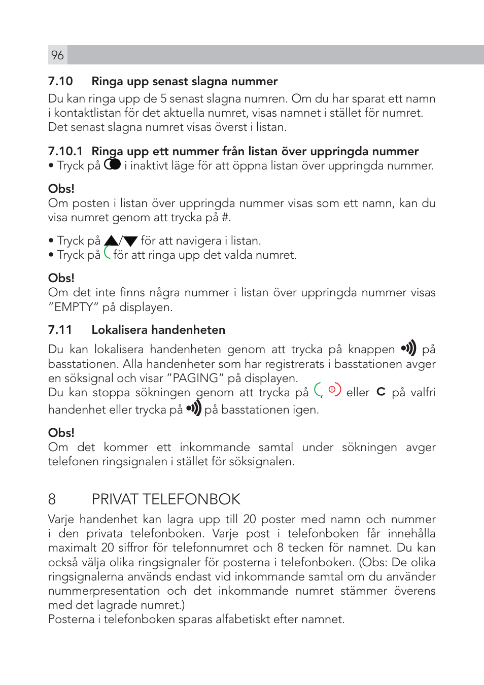 8 privat telefonbok | AEG Voxtel S100 User Manual | Page 96 / 198