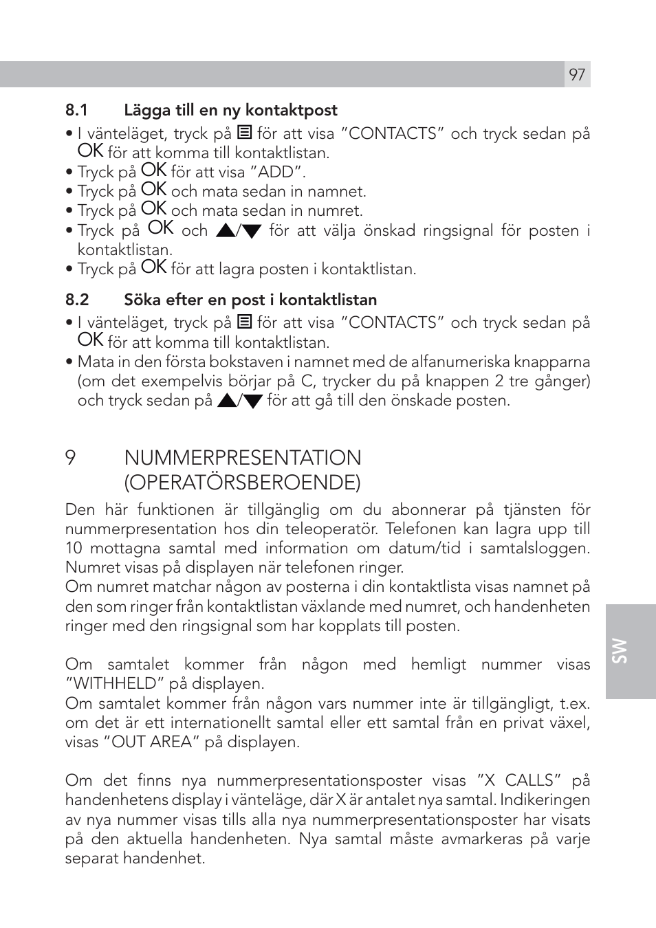 9 nummerpresentation (operatörsberoende) | AEG Voxtel S100 User Manual | Page 97 / 198