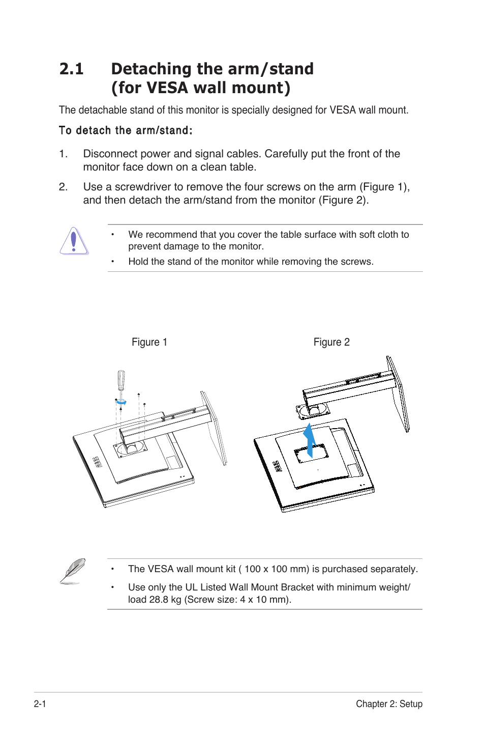 1 detaching the arm/stand (for vesa wall mount) | Asus PB278Q User Manual | Page 14 / 27