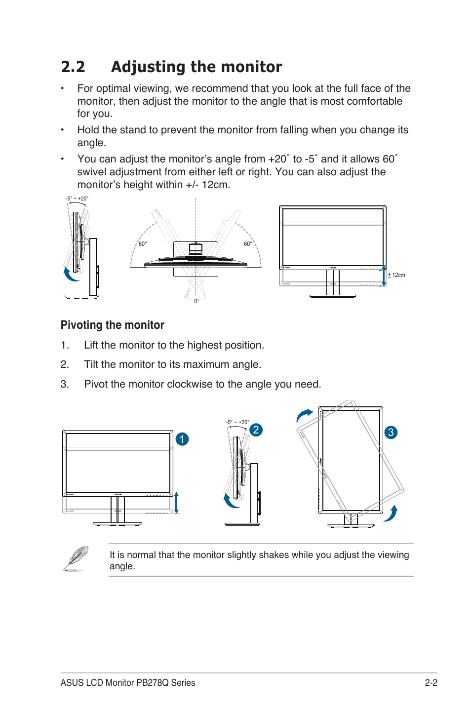 2 adjusting the monitor, Pivoting the monitor | Asus PB278Q User Manual | Page 15 / 27